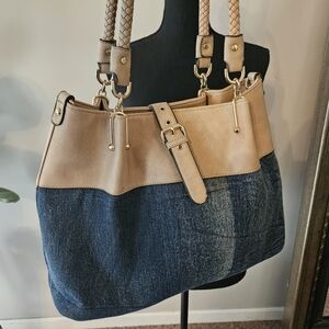 Black Rivet Two-Tone Denim and Tan Tote Bag
